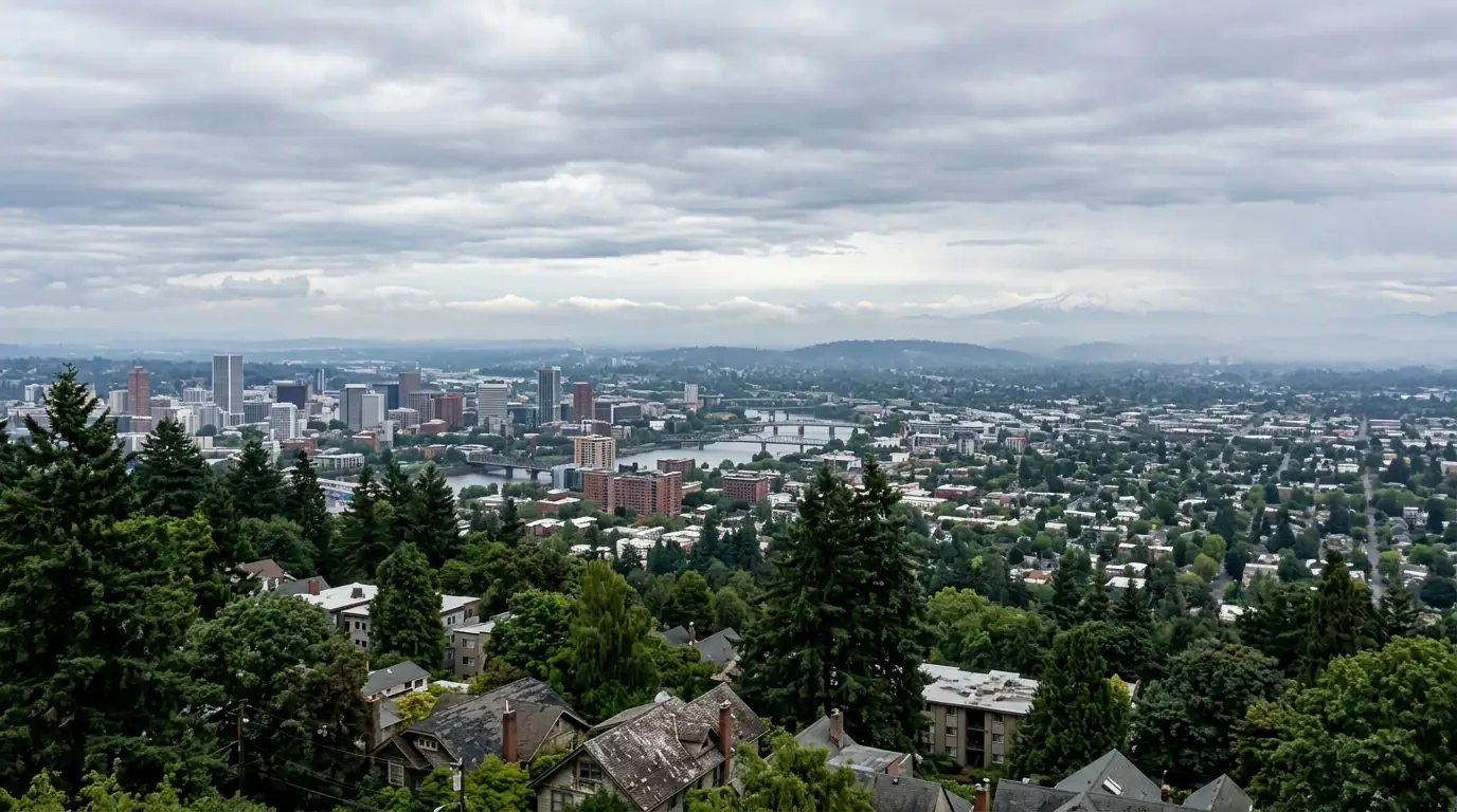 Portland rooftops and trees seen from the west hills