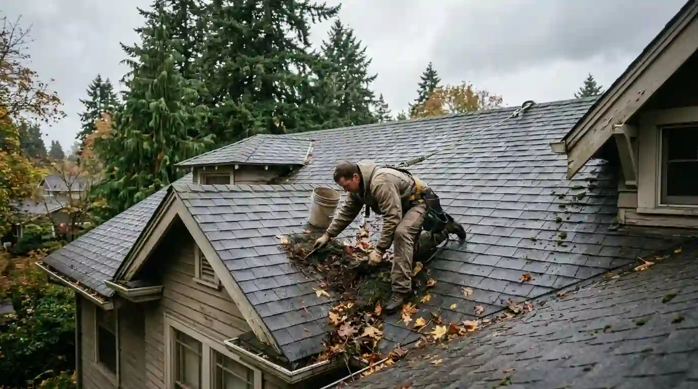 Roofer clearing fir needles from a roof valley on a gray afternoon