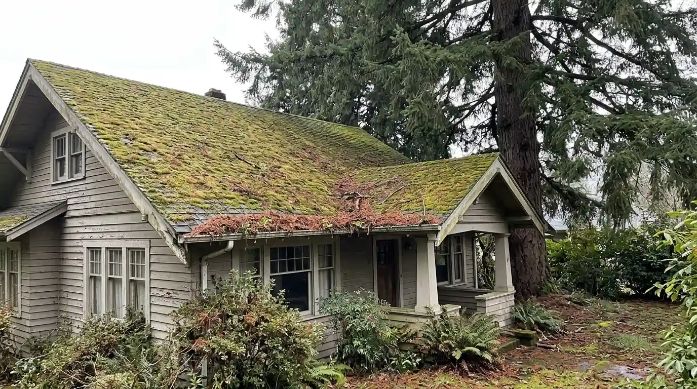 Mossy bungalow roof under a large fir