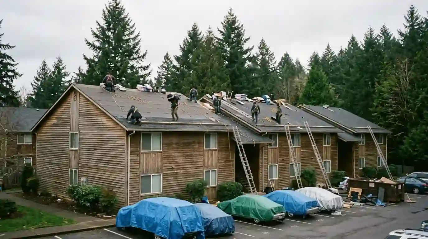 Roofers installing shingles on a three story apartment building under gray skies