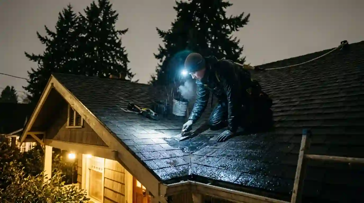 Roofer with headlamp sealing a damaged roof section at night in rain