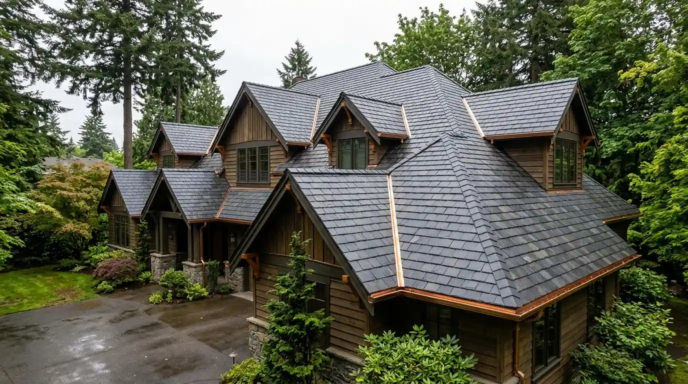Finished composite slate roof with copper gutters