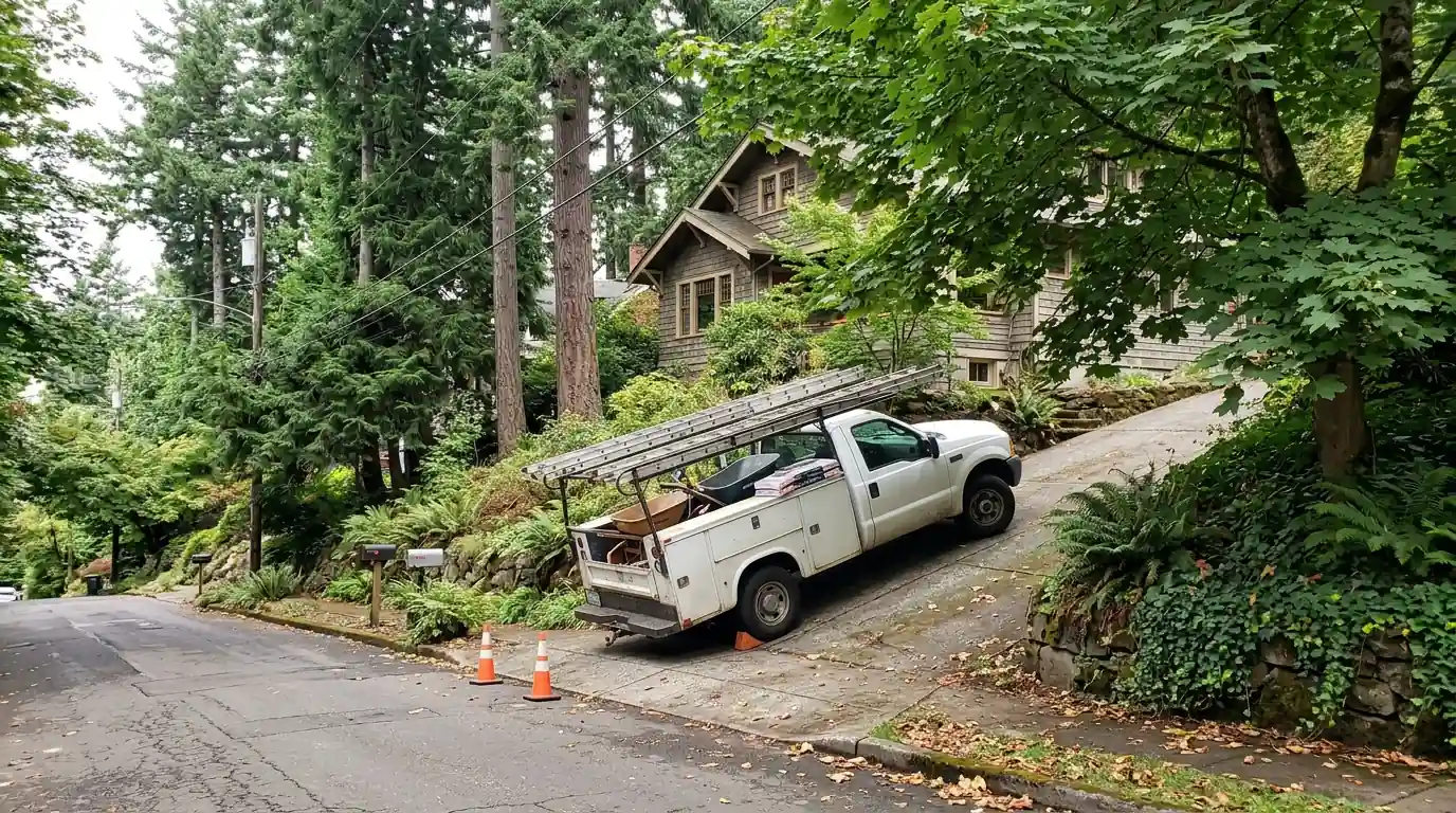 Roofing truck on a steep hillside street