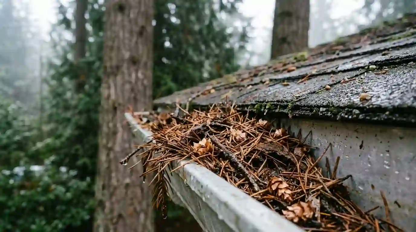 Gutter packed with Douglas fir needles below a mossy roof edge in Portland