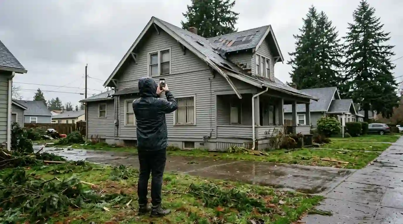 Homeowner photographing wind damaged shingles on a Portland house from the yard