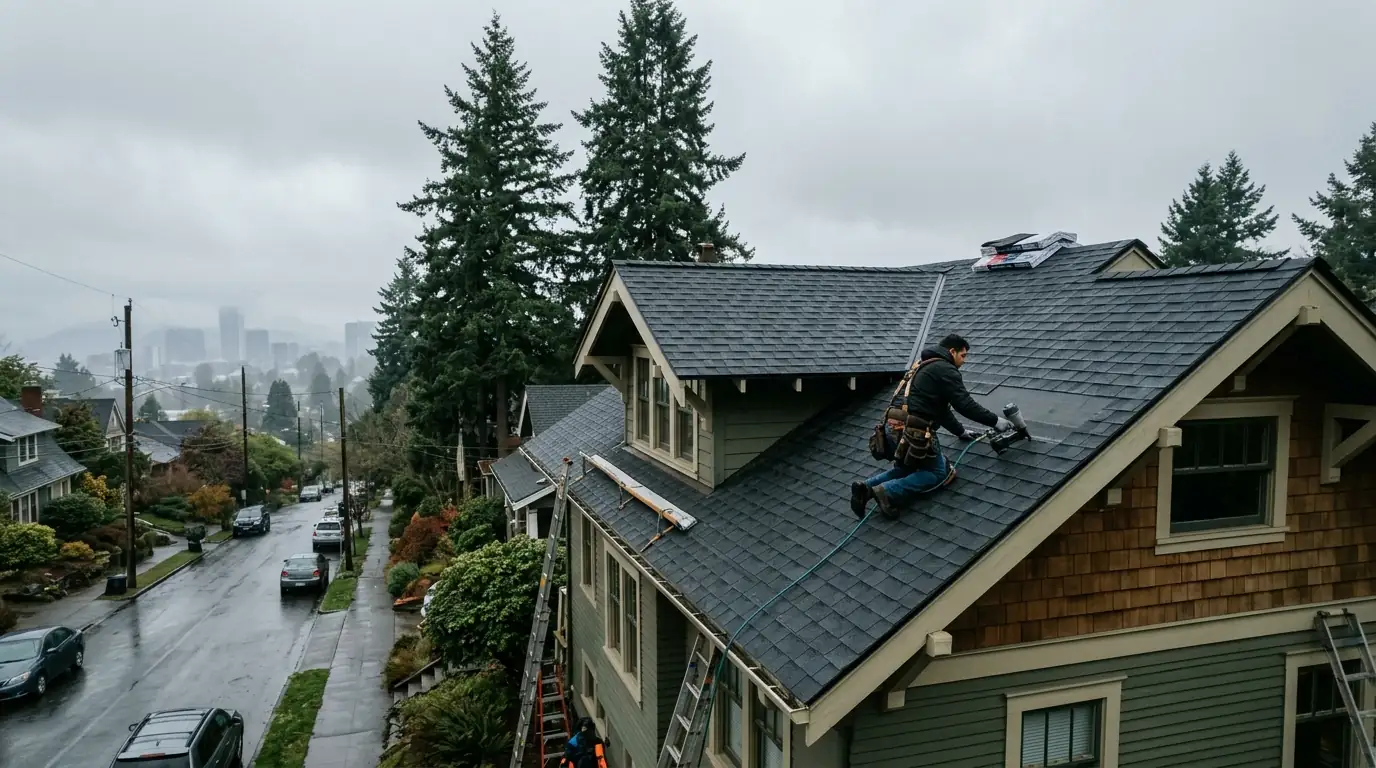 Roofer replacing asphalt shingles on a Portland Craftsman home under overcast sky