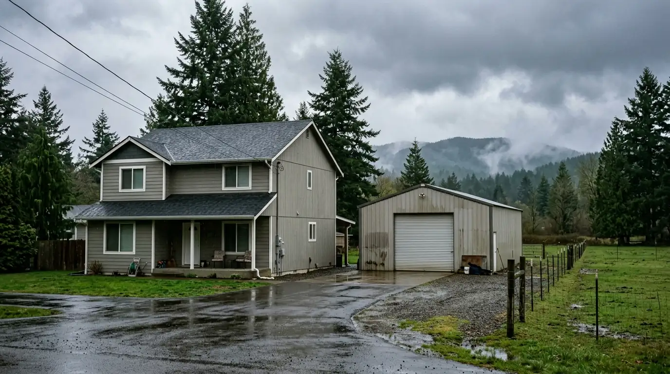 Two story subdivision home and metal shop roof near wooded foothills