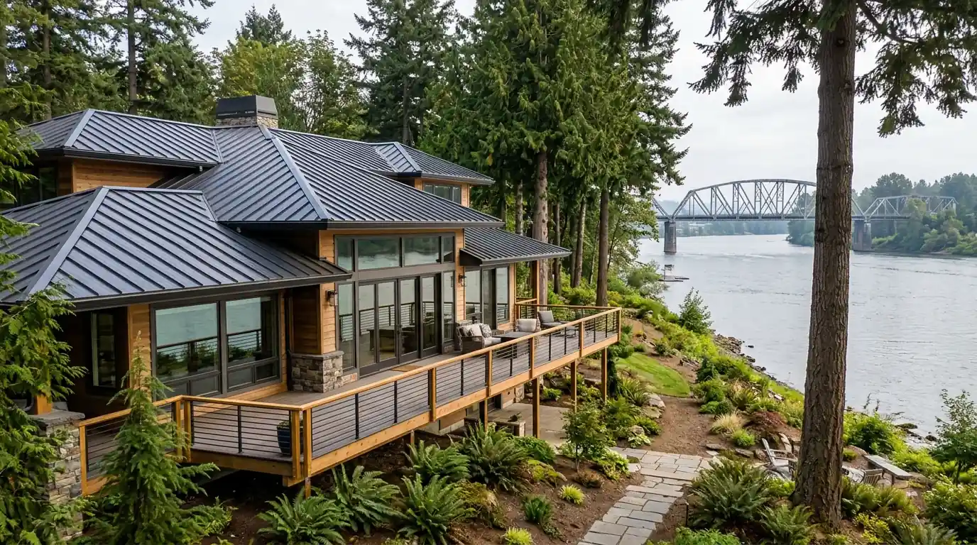 Riverfront home with a fresh metal roof