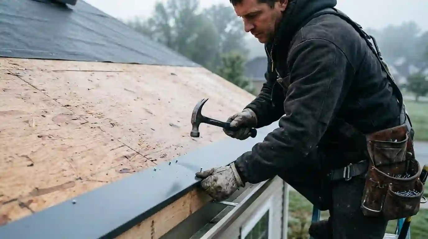 Setting drip edge and starter strip at the eave