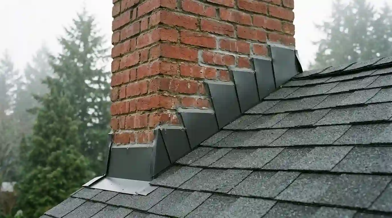 New metal step flashing and counterflashing around a brick chimney