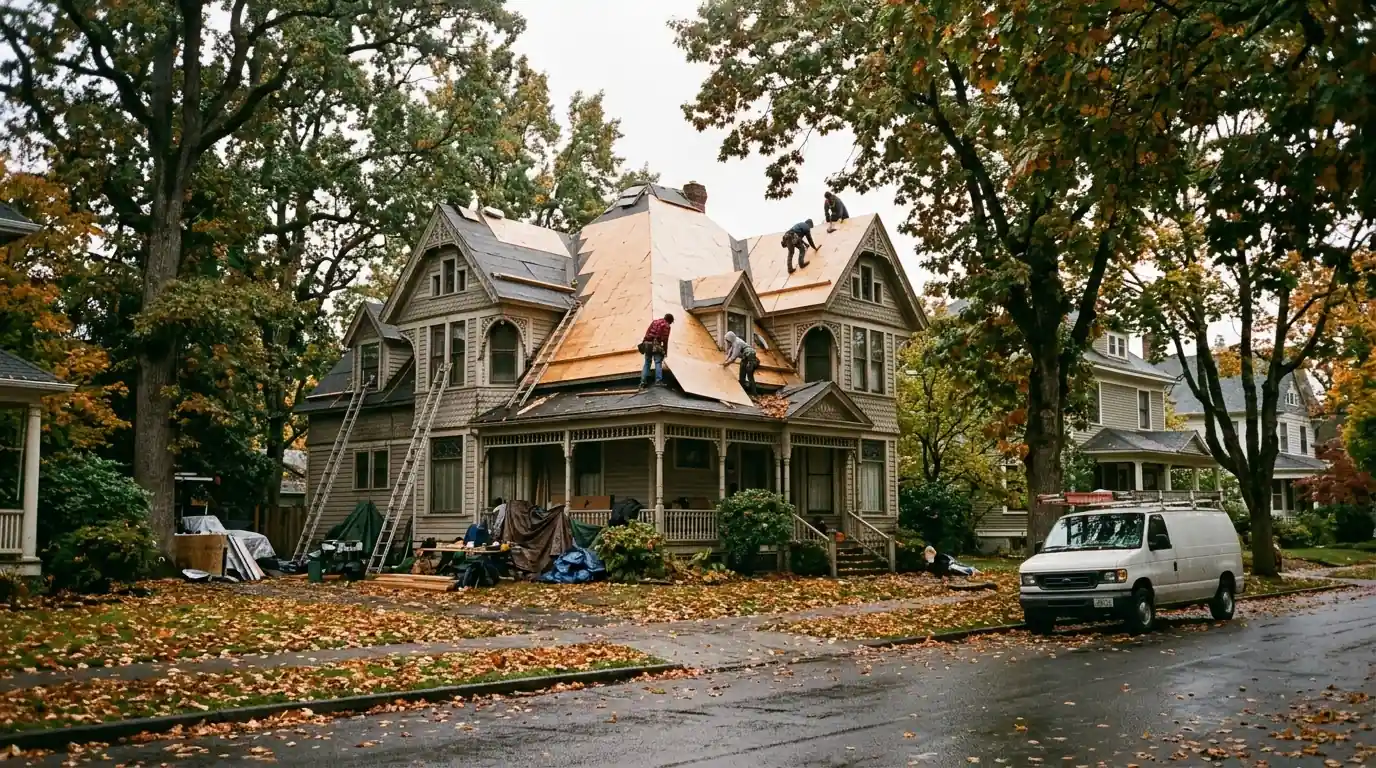 Victorian era home near a college campus getting a new roof