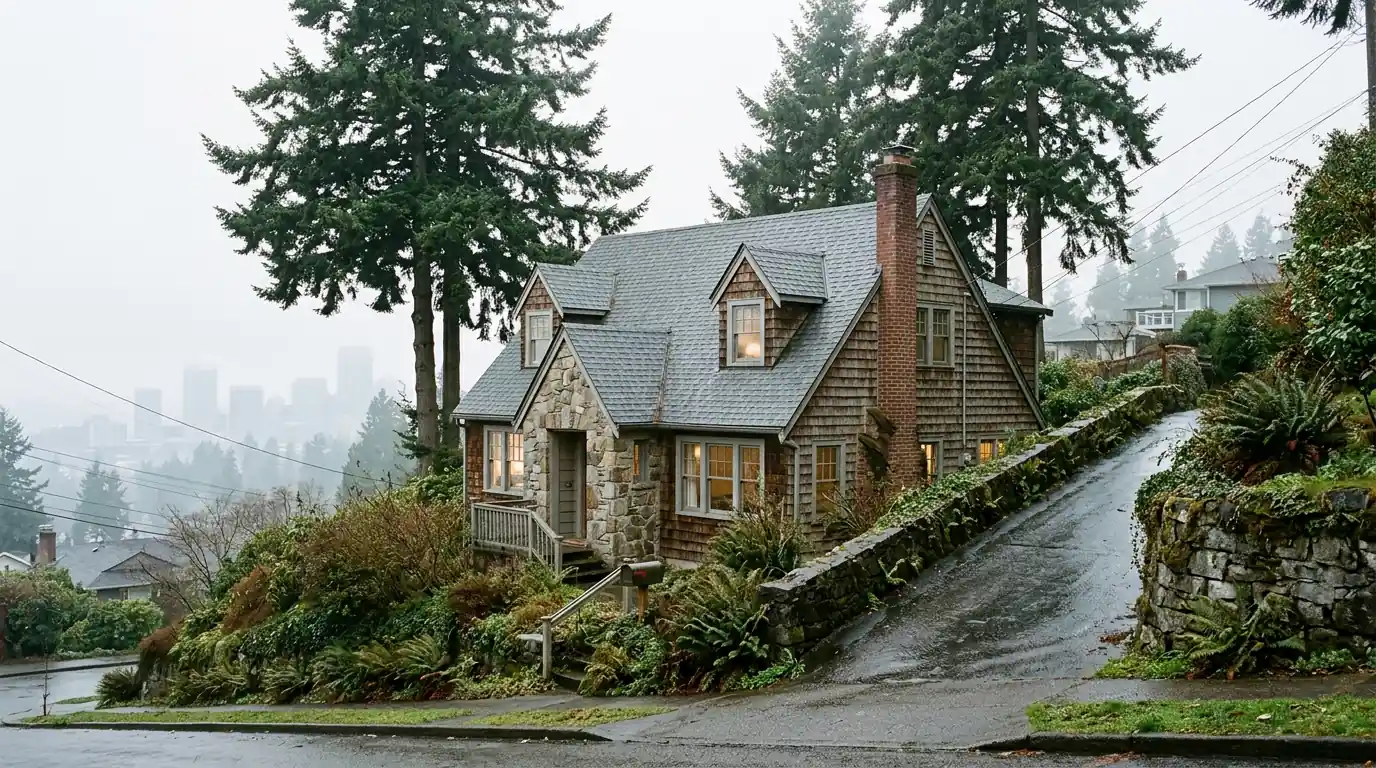 Bungalow roof on a sloped Alameda Ridge street with distant city view