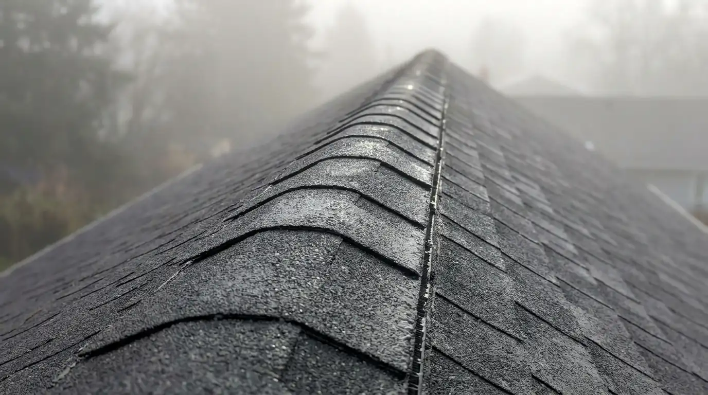New ridge cap shingles in light rain and fog