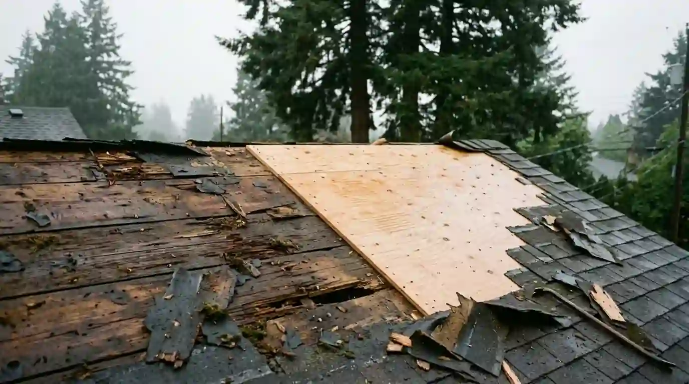 Roofer replacing rotted plank decking with new plywood on an old roof