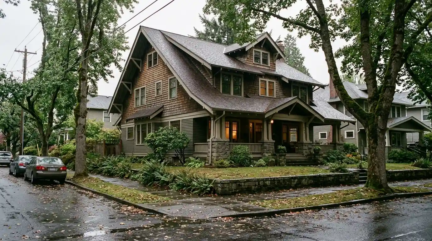 Large Irvington Craftsman home with steep cross gables and new dark roof